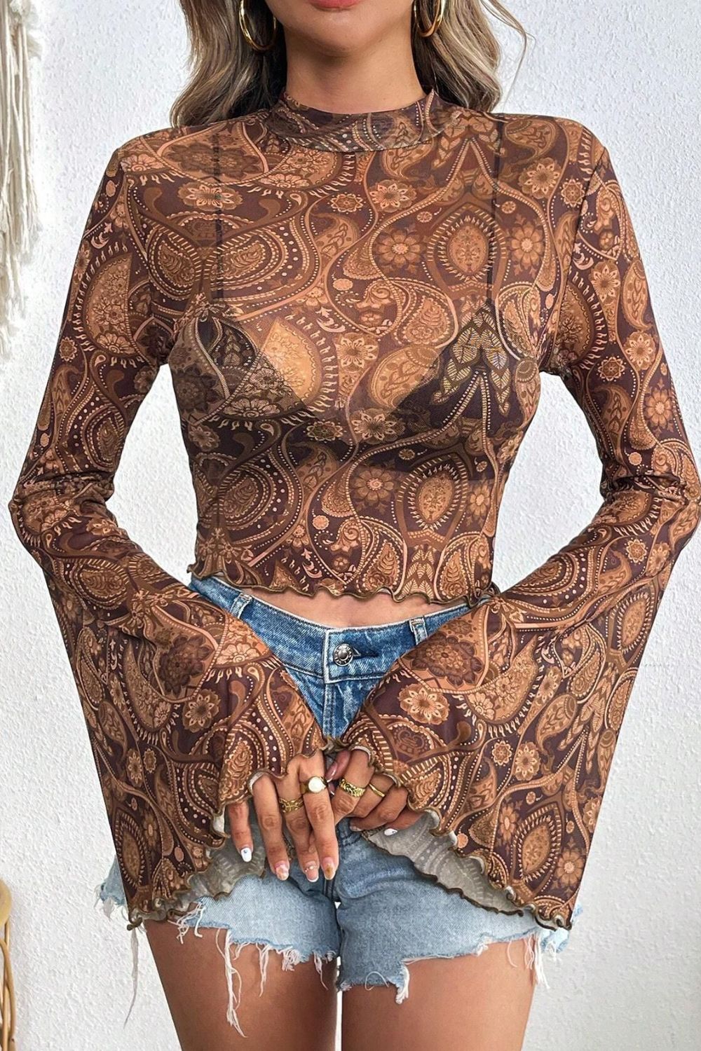 PREORDER: Saylor Mock Neck Flared Sleeve Top - Image 6