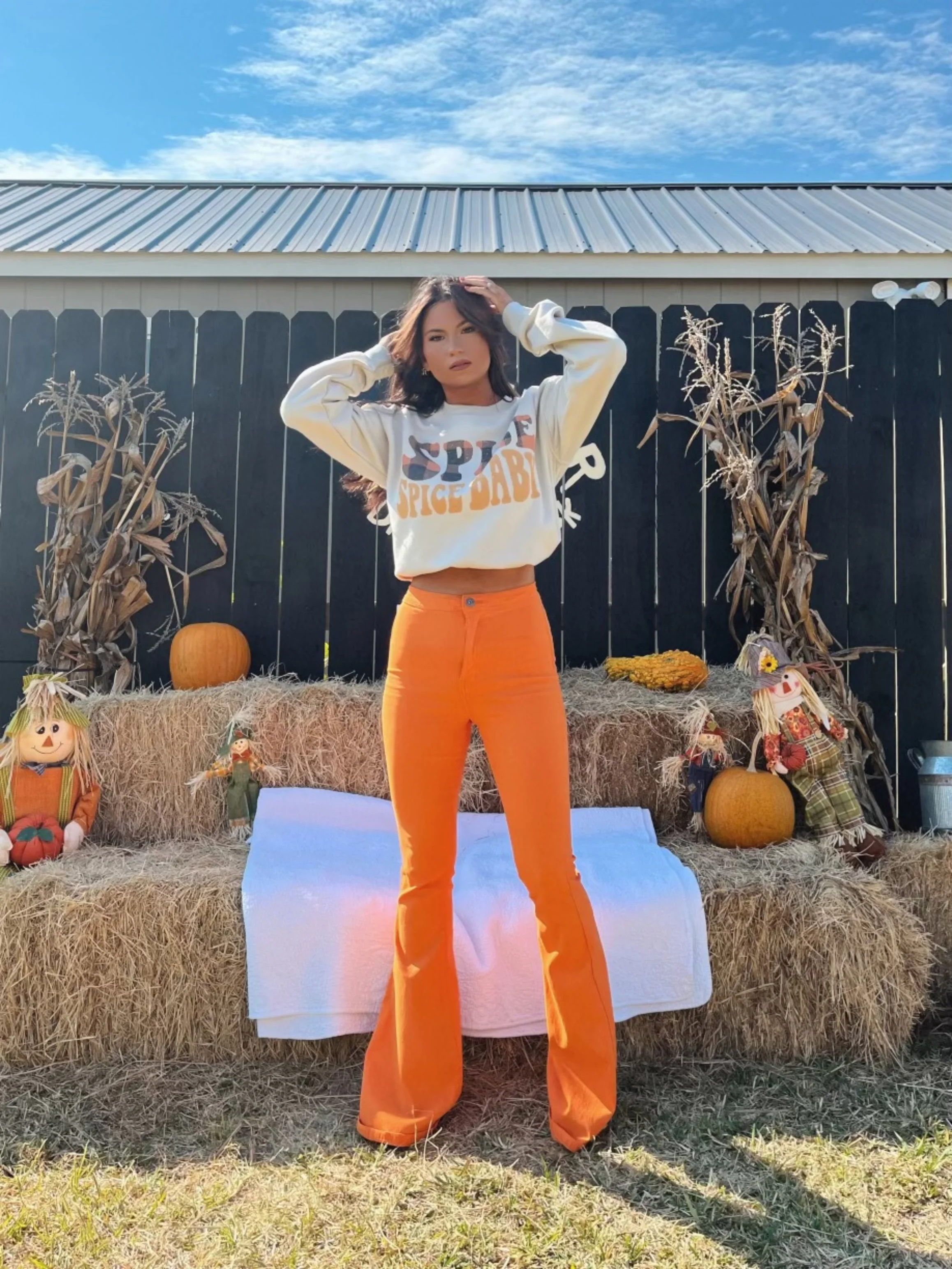 Fiona High Waisted Bell Bottom Flare Jeans - Orange - Image 5