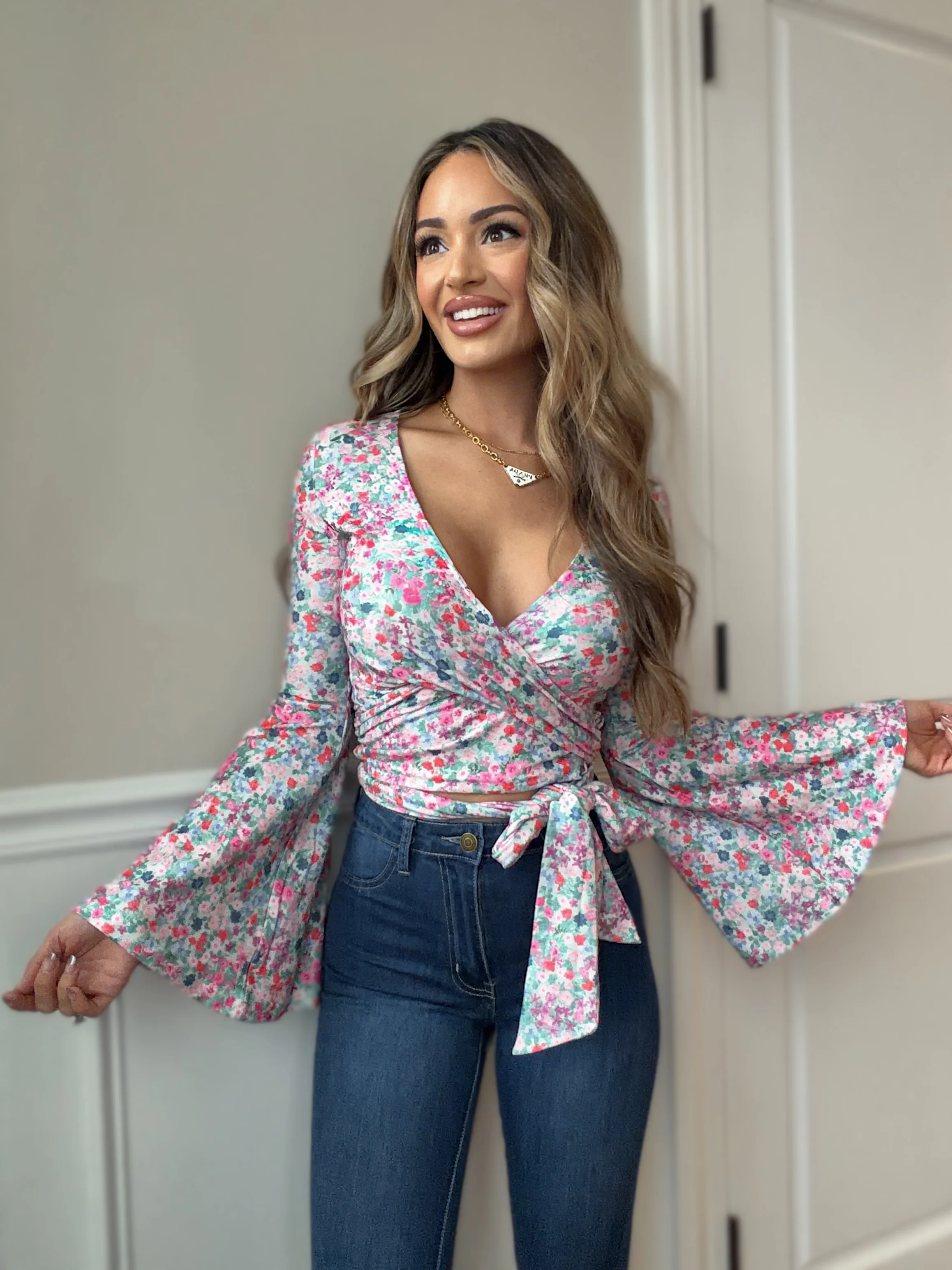 Woodstock Floral Bell Sleeve Wrap Top - Wild Petal - Image 2