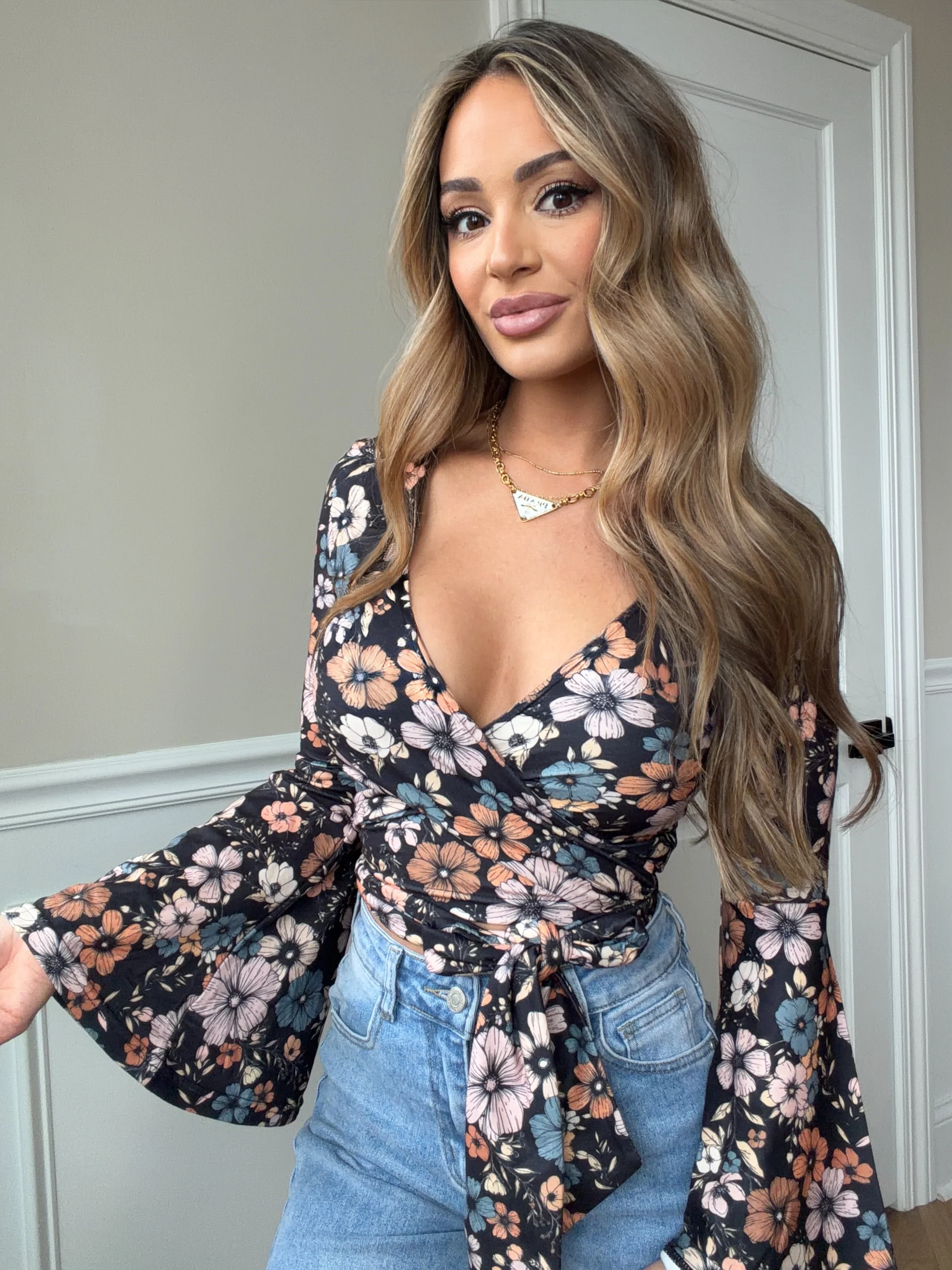 Woodstock Floral Bell Sleeve Wrap Top - Moonlit - Image 3