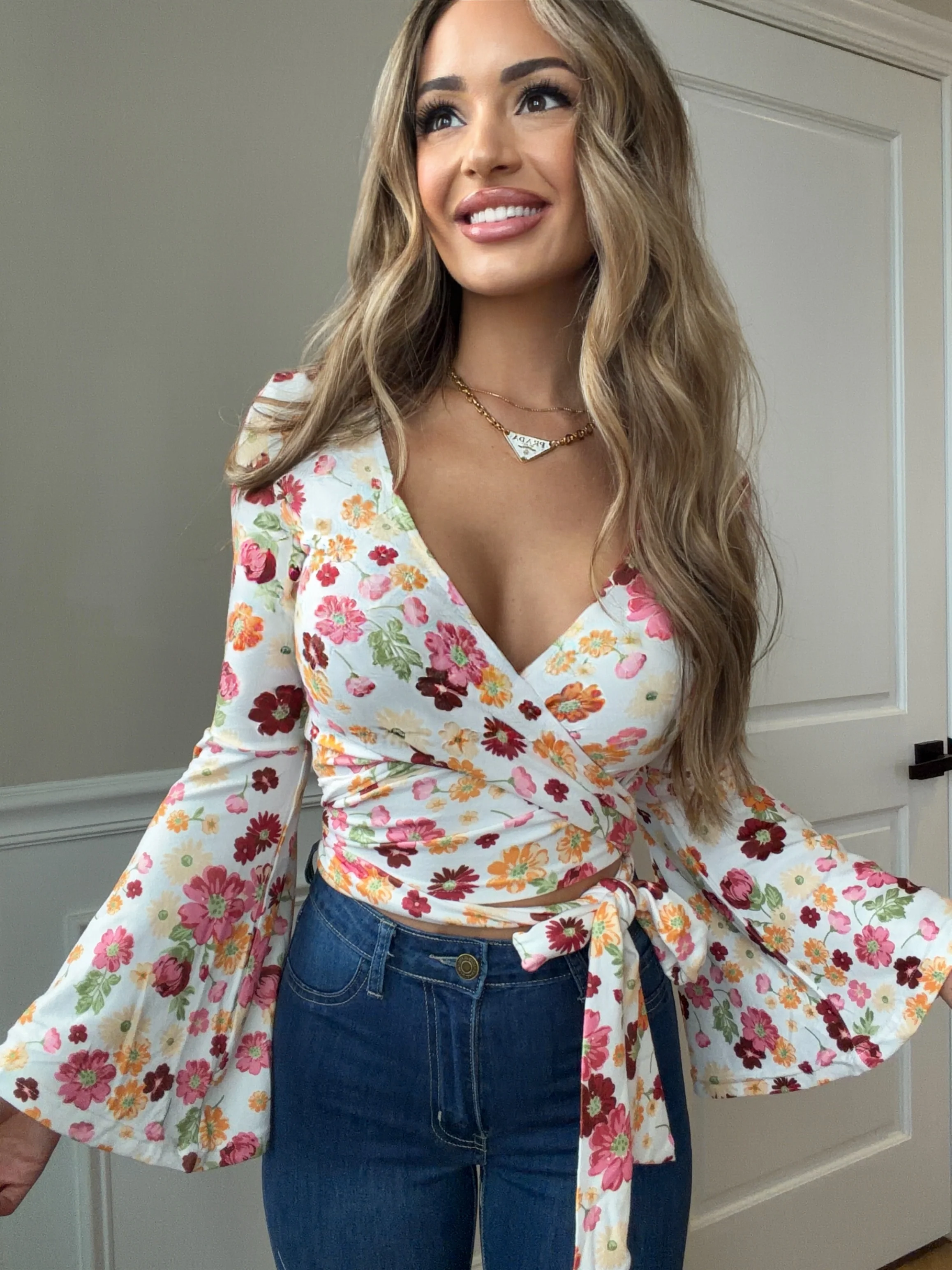 Woodstock Floral Bell Sleeve Wrap Top - Wildflower Fields - Image 3